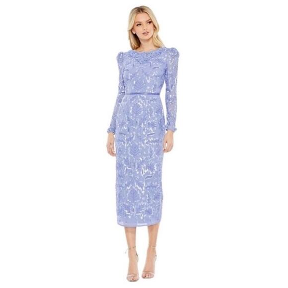 NWT MAC DUGGAL 93595 Periwinkle Floral Sequin Embellished Puff Sleeve Midi Dress - Picture 1 of 12